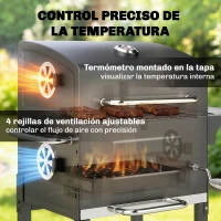 Outsunny Barbacoa de Carbón Portátil con Parrilla de Acero Inoxidable Estante Lateral Termómetro Bandeja y Ruedas Negro(m-5)