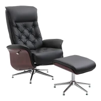 HOMCOM Fotoliu de relaxare cu taburet Fotoliu TV Fotoliu tapițat rotativ 360° înclinabil 145° cu design retro Chesterfield tapițerie PU placare lemn picior metalic Negru 82 x 83 x 110 cm(m-6)