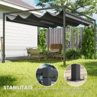 Outsunny Pergolă 3x2 m cu Acoperiș Retractabil, Orificii de Drenaj, Țepușe și Șuruburi, Pergolă de Grădină din Poliester și Metal, pentru Terasă, Curte, Exterior, Negru(m-5)