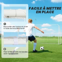 HOMCOM But de football - cage de foot - but d'entrainement dim. 301L x 120l x 200H cm - châssis métal époxy filet PE - piquets inclus - blanc(m-4)