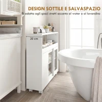 HOMCOM Mobile per Bagno a Rotelle in Legno con Spazio Aperto, Ripiani Regolabili e Ante in Vetro, 71x20x70 cm, Bianco(m-5)
