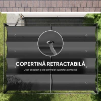 Outsunny Pergolă 3x2 m cu Acoperiș Retractabil, Orificii de Drenaj, Țepușe și Șuruburi, Pergolă de Grădină din Poliester și Metal, pentru Terasă, Curte, Exterior, Negru(m-6)
