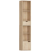 HOMCOM 6-Tier Bookcase, Tall Narrow Bookshelf with Drawer and Door - Natural Wood Finish(m-1)