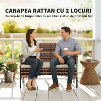 Outsunny Canapea de Grădină 2 Locuri cu Perne și Tampoane Antiderapante, din Ratan și Oțel, 115x63x85 cm, Bej(m-4)
