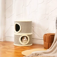 PawHut Butoi de zgâriat pentru pisici copac pentru pisici sisal natural și alge marine acoperit cu pluș 35,5x35,5x49cm kaki cafea(m-6)