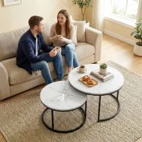 HOMCOM Set of Two Marble-Effect Stacking Tables - White(m-9)