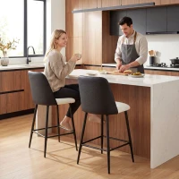 HOMCOM Juego de Taburetes Altos de Cocina con Respaldo y Reposapiés Tapizados de Lino y PU Marco de Acero Negro(m-2)