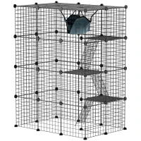 PawHut Cușcă pentru pisici de interior parc pentru pisici din oțel la 4 nivele DIY cu 5 uși hamac 1-3 pisici 105 x 70 x 140 cm negru(m-1)