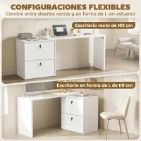 HOMCOM Escritorio Reversible en Forma de L con 2 Cajones Archivadores Diseño Moderno para Espacios Pequeños Oficina Blanco(m-4)