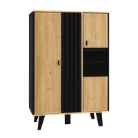 Meuble d'appoint avec vitrine, éclairage LED et verre, 80x40x120 cm, Couleur naturelle+Noir(m-10)
