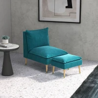 HOMCOM Fauteuil de relaxation avec repose-pieds fauteuil relax de salon pieds en bois d'hévéa revêtement aspect velours bleu(m-10)