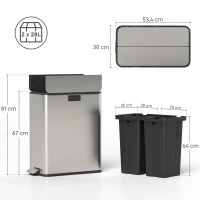 HOMCOM Dual Kitchen Bin with Soft-Close Butterfly Lid, 2 x 28L Stainless Steel Pedal Bin with Removable Inner Buckets, Fingerprint-Proof for Recycling and Waste, Silver Tone(m-3)