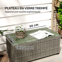 Outsunny Table basse de jardin, table d'appoint en résine tressée avec plateau en verre trempé, 90 x 50 x 38 cm, gris foncé(m-5)