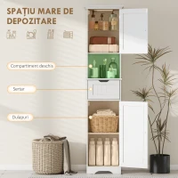 HOMCOM Mobilier Vertical de Baie Slim cu 2 Dulapuri cu Uși, LED cu Senzor, Mobilier Compact cu Raft Deschis, Sertar, Picioare Reglabile, 40x30x170 cm, Alb(m-5)