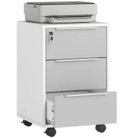 HOMCOM Schedario per Ufficio a 3 Cassetti con Chiavi di Sicurezza e 4 Ruote, in Legno, 40x40x63.5 cm, Bianco e Grigio(m-11)