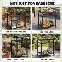 Outsunny Outdoorowy wózek grillowy, Stojak na piec do pizzy z metalową powierzchnią, 2-poziomowa mobilna stacja kuchennych z haczykami i uchwytami, Czarny(m-8)