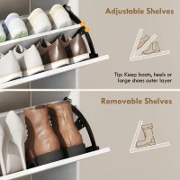 HOMCOM Szafka na buty z 2 klapami, uchylna szafka z regulowanymi przegrodami, otwartą półką na 12 par butów 89 x 25 x 92 cm biała(m-6)