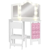 AIYAPLAY Kids Dressing Table and Stool Set, Girls Vanity Table with 2-Colour LED Lights, Tri-Folding Mirror, White(m-1)