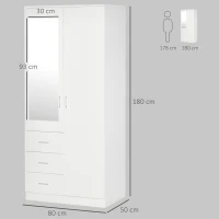 HOMCOM 2 Door 3 Drawer Mirrored Wardrobe with Hanging Rail, Modern Clothes Storage Cupboard with Mirror, Drawers and Adjustable Shelves for Bedroom, 80 x 50 x 180 cm, White(m-3)