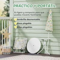 AIYAPLAY Conjunto de Mesa y Sillas Infantil de Jardín 4 Piezas Sillas Plegables Sombrilla Ajustable Diseño de Elefantes Blanco(m-6)