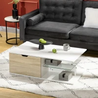 HOMCOM Table basse rectangulaire design contemporain 2 tiroirs 2 niches étagère verre trempé panneaux blanc aspect chêne clair(m-10)