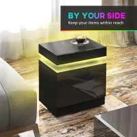 HOMCOM Black Bedside Table with LED Light, High Gloss Front Nightstand with 2 Drawers, for Living Room, Bedroom(m-5)