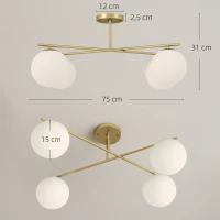 HOMCOM Lustre moderno de teto com 4 luzes e soquete E14, montagem semi-embutida, dourado e creme(m-3)
