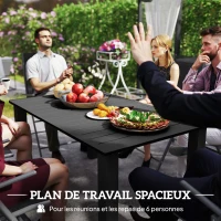 Outsunny Table de jardin pour 4 à 6 personnes, table à manger extérieure trou pour parasol plateau à lattes 150 x 90 x 73 cm noir(m-4)