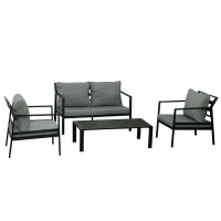 Outsunny Ensemble salon de jardin 4 pièces canapé 2 places + 2 fauteuils + table basse plateau à lattes 8 coussins rembourrage épais déhoussables aluminium gris noir(m-12)