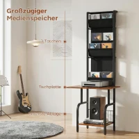 HOMCOM Industrielles CD-Regal, CD-Aufbewahrung, DVD-Ständer mit 3 Stofftaschen und Tischplatte, Rustikale Holzoptik in Braun(m-5)