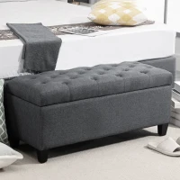 HOMCOM bancă cu spațiu de depozitare banchetă tapițată cu aspect de in, bancă cu picioare din lemn, bancă-ladă pentru living dormitor hol 100 x 40 x 44 cm Gri închis(m-2)