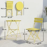Outsunny Set bistró de jardín de 3 piezas plegable Mesa bistró con 2 sillas Asiento de lamas Patas dobles en X Amarillo(m-3)
