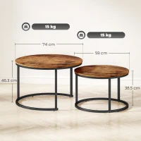 HOMCOM Coffee Table Set of 2, Round Nest of Tables with Metal Frame, Modern Side Tables for Living Room, Rustic Brown(m-3)