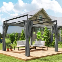 Outsunny Pergolă Gazebo 3x3 m cu Acoperiș Retractabil, 4 Pereți Laterali, Orificii de Drenare, Pergolă din Poliester și Oțel pentru Grădină, Terasă, Exterior, UV30+, Gri Închis(m-8)
