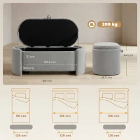 HOMCOM Puff Almacenaje Banco Almacenaje Ovalado 129x48,5x44 cm Tapizado en Terciopelo de Teddy Carga 200 kg Gris Claro(m-3)