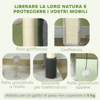 PawHut Albero per Gatti Multilivello Alto 104 cm con Casetta, Lettino, Pali Tiragraffi, Spazzola e Pallina, Grigio(m-5)