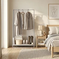 HOMCOM 3-in-1 Garderobe mit Schuhablage Obere und seitliche Stangen Metallgestell Natur und Grau(m-5)