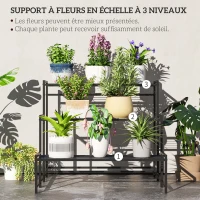 Outsunny Étagère à Fleurs en métal 3 Niveaux Intérieur et Extérieur, support de plantes en échelle, 75 x 70 x 66 cm, Noir(m-4)