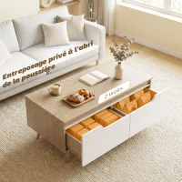 HOMCOM Table basse rectangulaire, table de salon moderne avec 2 tiroirs, 5 pieds en bois de pin, 100x50x46cm, chêne et blanc(m-5)