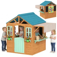 AIYAPLAY Casa Infantil para Exterior e Interior de Madeira com Balcão  Floreiras Quadro Janelas Alvo e 4 Bolas 142x120x141,5 cm Madeira(m-10)