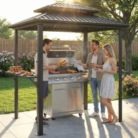 Outsunny Abri barbecue extérieur tonnelle de jardin aluminium à double toit 2 étagères latérales crochets 231x165x246cm noir(m-9)