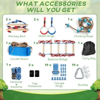 AIYAPLAY Ninja Line dla dzieci, zestaw 24 m Slackline z pierścieniami gimnastycznymi, 7 przeszkodami, mostem do balansowania, dla dzieci w wieku 3-6 lat, czerwony+niebieski(m-4)