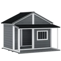 PawHut Casinha para Cães Externa com Varanda e Telhado Betuminoso Madeira 124 x 112 x 105 cm Cinza(m-1)