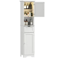 HOMCOM Mobilier Vertical de Baie Slim cu 2 Dulapuri cu Uși, LED cu Senzor, Mobilier Compact cu Raft Deschis, Sertar, Picioare Reglabile, 40x30x170 cm, Alb(m-11)