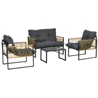 Outsunny Conjunto de Jardim 4 peças Sofá 2 Lugares 2 Poltronas e 1 Mesa de Centro Tampo em Vidro Temperado 3 Almofadas Cinza