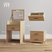 HOMCOM Masă de Toaletă cu Oglindă Rabatabilă, Natural(m-3)