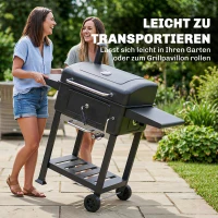 Outsunny Houtskoolgrill BBQ Smoker met deksel, thermometer, hoogteverstelbare kolenschaal, schoorsteen, grillrooster, zijtafel, aslade(m-9)