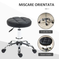 HOMCOM Scaun Rotativ Rotund cu Roți, Înălțime Reglabilă și Tapițerie din Piele Ecologică, Negru(m-6)