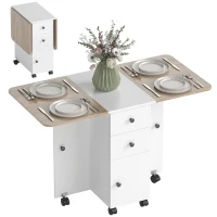 HOMCOM Mesa Plegable de Comedor con Ruedas Alas Abatibles 2 Cajones y Armario Hasta 6 Personas 120x60x76,5 cm Blanco y Natural(m-10)