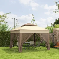 Outsunny Tonnelle de jardin exterieur Pop-up barum Pliant, 3 x 3 m, Métal Polyester, imperméabilisé Anti UV, moustiquaires + Sac de Transport, café(m-11)